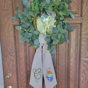 Wreath Sash Featuring Pumpkin Stack in a Chinoiserie Urn and "C" Monogram--$30
